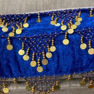Blue Velvet Belly Dance Hip Scarf with Gold Coins